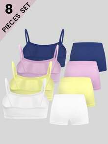 8pcs Girls Casual Solid Color Minimalist Camisole & Boyshort Underwear Set, Seamless Soft & Comfortable, Suitable For Teenage Students Daily Sportswear