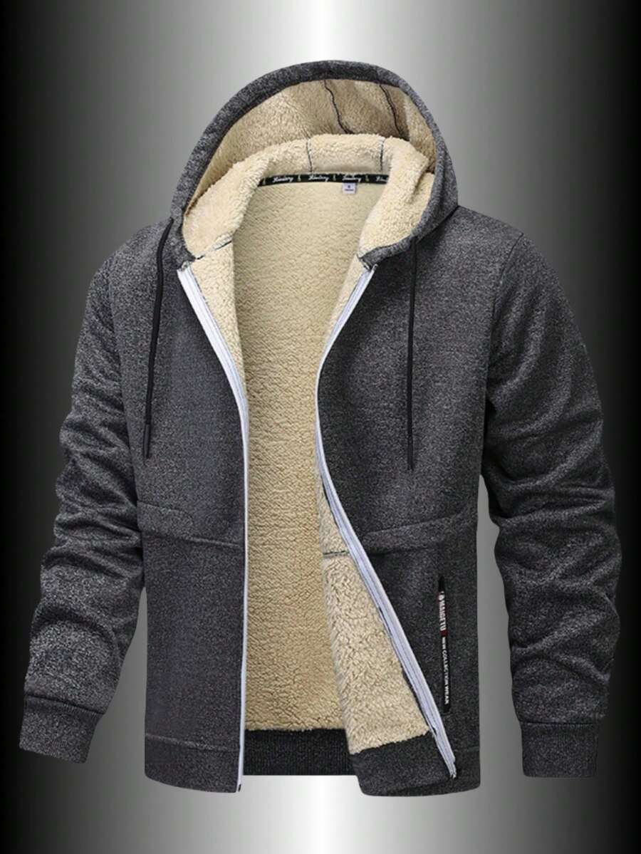 1pc Men's Long Sleeve Thermal Lined Jacket Thermal Lined Thick Zip Up Hoodie Sherpa Lined Casual Jacket, Fall/Winter - Dark Grey - View 1