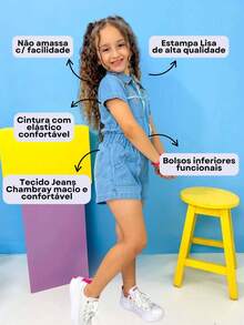 Kit 2 Kids Jumpsuit Girl Blogger Dungarees Youth Jeans Shorts Zipper Casual Fashion - 藍色 - 查看 4