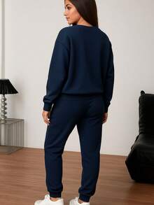 Conjunto de pants  Sudadera y pantalón  Felpa suave  Cuello redondo Estilo cómodo  Conjunto deportivo - Azul Marino - Ver 4