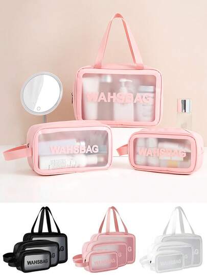 1 pieza Bolsa de tocador transparente de PVC, organizador de maquillaje con cremallera impermeable y portátil, diseño minimalista para mujeres, adecuado para baño, playa, viaje, vacaciones, set de 3 piezas, bolsa de lavado de color rosa de gran capacidad para maquillaje para hombres y mujeres