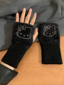 Sanrio 1 Pair Hello Kitty Plush Rhinestone Gloves, Thick & Warm For Winter, Cute Cartoon Design For Women, Flexible & Convenient, Suitable For Autumn/Winter - Multicolor - View 11