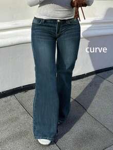 个性化美式复古喇叭裤，水洗做旧设计，加大码女式牛仔裤 - 深色水洗藍 - 查看 4