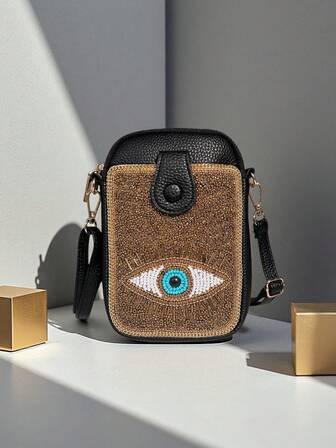 Pochette de téléphone à perles à l'œil bohème et mystérieux, rangement multicouche pour téléphone, rouge à lèvres, clés, accès pratique, en PU de haute qualité, sangle réglable pour l'épaule/la bandoulière, convient pour les vacances et les courses