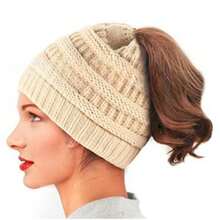 Lazy Ponytail Hole Design, Knitted Ponytail Hat For Women In Autumn And Winter, Lazy Wind Wool Hat, Versatile And Warm - 米色 - 查看 7