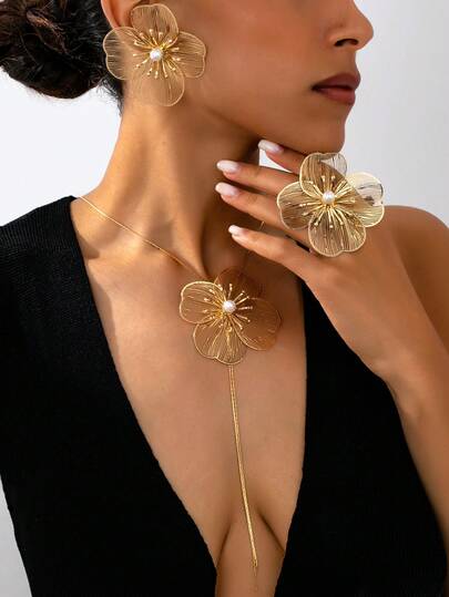 Set de 4 piezas de joyería con collar, aretes y anillo de flor hueca geométrica de metal de moda, accesorio elegante y estiloso para ocasiones formales y fiestas