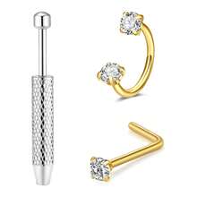 Nose Ring Studs 18G Nose Rings Hoops Stainless Steel Nose Rings Round Heart Star White CZ L Shaped Nose Stud With A Grabber Tool For Women Men Nose Piercing Jewelry Set