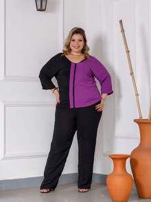 Maison Raglan Sleeve Blouse And Plus Size Summer Pants Set - Purple - View 4