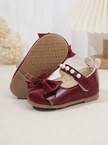 1 双女童公主鞋，亮面皮革鞋面，圆头蝴蝶结装饰，甜美可爱，适合公主裙、生日派对、表演、婚礼、室内外穿着 - 酒紅色 - 查看 6