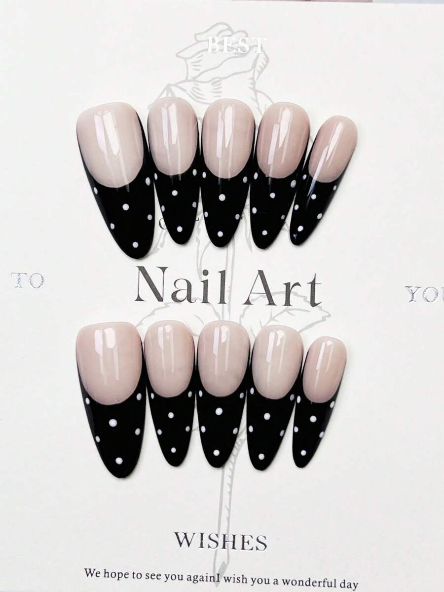 10 móng tay giả thủ công kiểu Almond Stiletto, móng dài, màu nude hồng đen nhẹ nhàng, móng kiểu Pháp đen, chấm bi trắng, móng tay thủ công đơn giản thanh lịch mùa thu, móng giả dán mùa thu, phong cách Y2K, lễ hội, tiệc tùng, sử dụng hàng ngày và hẹn hò, phù hợp cho kỳ nghỉ biển nhiệt đới, nghệ thuật làm móng giả tự làm phù hợp cho phụ nữ và bé gái làm quà tặng, dụng cụ làm móng, móng giả dán thủ công. - màu đen - Xem 1
