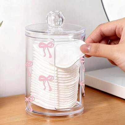 Cute Bow Print Makeup Pad Swabs Storage Box, Acrylic Transparent Makeup Pad Jar, Cosmetics Storage Box, Suitable For Home, Office, Desk