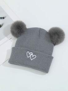 1 pieza Gorra de béisbol de punto con bordado de doble corazón para niños, un sombrero de invierno cálido para niños, adecuado para que las niñas lo usen a diario y como regalo, también adecuado para que los bebés lo usen