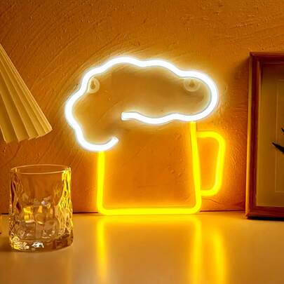 1pc LED Neon Beer Cup Light, USB Or Battery Powered, PS Plastic Material, Suitable For Holiday, Home, Party, Wall Decor, Camping, Home Bar, Garage, Cafe, Nightclub Indoor Atmosphere Lighting, Valentine's Day, Mother's Day, Children's Day, Christmas And Other Holiday Decorations