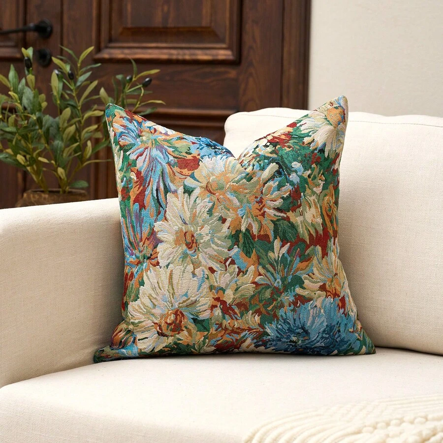 1 件柔软舒适的提花装饰抱枕套，方形装饰纯色靠垫套，中性农舍枕套，适用于沙发卧室客厅，花卉复古，适合所有季节，也是一份很棒的礼物