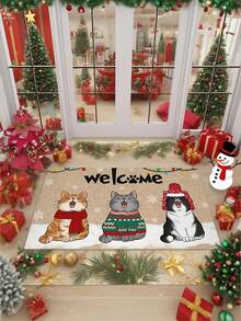 1pc Winter Cat Doormat, Funny Cat Welcome Mat, Cat Christmas Doormat, Christmas Decor, Super Soft Plush Bathroom Mat - Non-Slip, Absorbent Thick Carpet, Suitable For Bathroom And Living Room Bathroom Rug Bathroom Mat Kitchen Rug