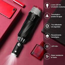 Paraguas Automático Plegable ,Contrarrestar Tira Reflectante,Paraguas de Bolsillo Reforzado con Luz LED - Rojo vino - Ver 4