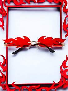 1pc Men Cyberpunk Style Racing Motorcycle Flame Design Gothic Red Flame Y2K Reflective Unframed Copper Fashion Fashion Glasses, Suitable For Street Photography, Outgoing, Styling For Summer Beach Vacation,Outdoor,Travel - Red - View 9