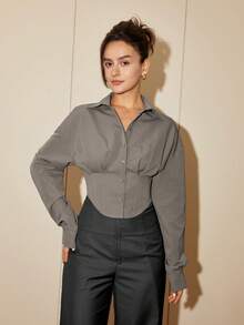 Áo blouse nữ màu trơn tay dài chiết eo thanh lịch, áo sơ mi cardigan casual, trang phục thu cho nữ, phong cách công sở casual, quần áo Eid màu đen - Màu xám đen - Xem 4