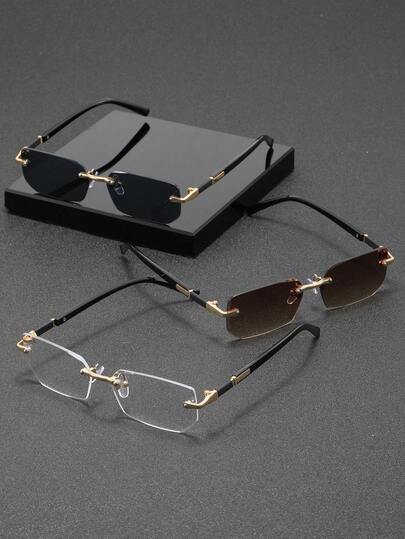 3pcs Unisex Rectangular Frameless Chic Metal Fashion Glasses, High-End Eyeglasses Suitable For International Fashion Week, Daily Life, Social Events, Business, Commuting And Travel