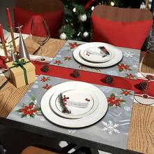 4 buc. Covorașe de masă dreptunghiulare din in, cu imprimeu de reni de Crăciun - Covorașe de masă țesute din in, pentru sufragerie, bucătărie, masă de cafea, decor pentru masă