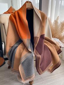 1条女士双面仿羊绒撞色图案围巾，时尚百搭空调房毯披肩，加厚保暖，适合日常使用，秋冬季 - 彩色 - 查看 5