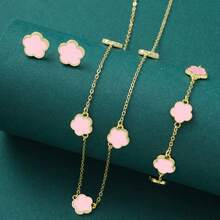 4pcs/Set Stainless Steel Fashionable Clover Flower Stud Earrings, Bracelet, Necklace Set For Women (Clover Welding Position Random)