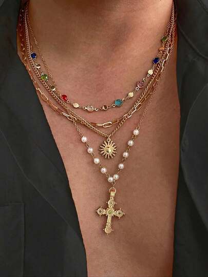 Set de 4 piezas de joyería vintage de lujo para hombres, que incluye collar con dije de cruz/sol de cristal multicolor, cadena dorada y perla, adecuado para uso diario y urbano