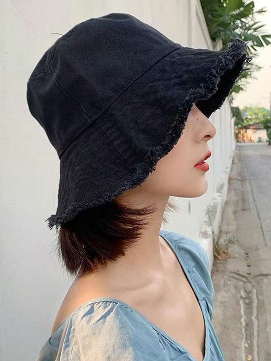 Frayed Bucket Hats Plain Cotton Distressed Outdoor Vintage Summer Beach Sun Hat - 黑色 - 查看 1