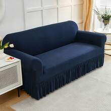 1PC Elastic Skirt Sofa Cover Universal Four Seasons Anti-Dirty And Non-Slip Solid Color Sofa Cover Suitable For 1/2/3/4 Seat Home/Living Room Decoration All-Inclusive Sofa Protective Cover Valentine's Day Gifts Valentine's Day Decorations - 藏青 - 查看 2