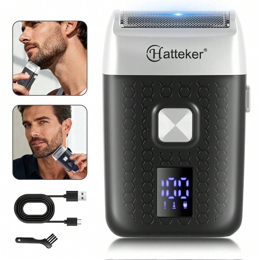 1 pieza Afeitadora eléctrica recargable por USB con pantalla LED para hombres, máquina de afeitar rotativa Hatteker - Negro - Ver 1