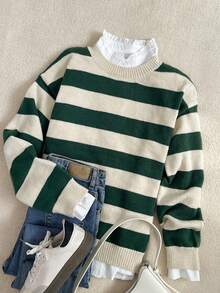 优雅休闲秋冬保暖针织套头衫绿色条纹舒适亲肤圆领长袖针织套头衫，女士秋季服装，女士冬季服装，秋季上衣，工作/办公室，商务休闲女士 - 綠色 - 查看 4