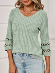 Womens Lightweight Thermal Fall Tunic Tops Lace V Neck 3/4 Sleeve Ribbed Blouse, Underscrubs Long Sleeve Base Layer - 綠色 - 查看 3
