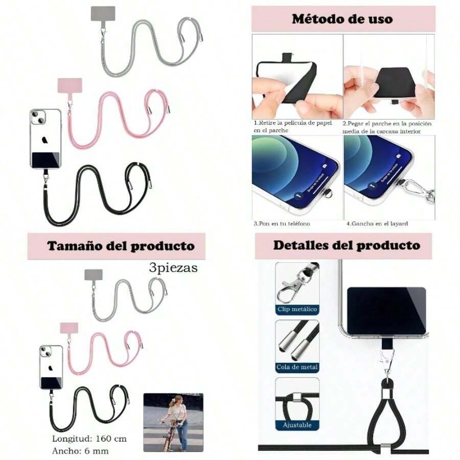 3 Piezas Strap Para Celular, Tres Correas Ajustables En Rosa, Materiales De Alta Calidad, Gris Y Negro, 160,  Y Cmodo, Para Uso Diario Y Actividades Al Aire Libre - inicial - Ver 1