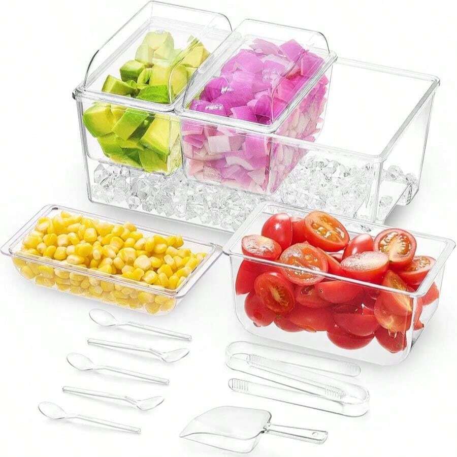 Juego de servir para barra de tacos de Lifewit para fiestas con 3 recipientes (2,5 tazas) y componentes, organizador de condimentos con enfriamiento de hielo grande, bandeja de servir de guarnición para accesorios de barra de mimosas, frutas, ensaladas y alimentos - ColorA - Ver 1