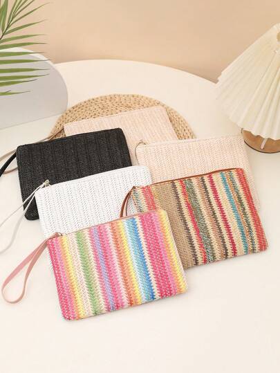 1pc Straw Woven Clutch Bag, Black Striped Woven Women's Clutch Purse, Handbag, Coin Purse, Key Pouch