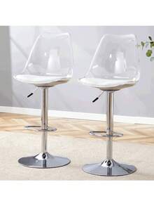 MUUOKY Modern Minimalist Acrylic Bar Stools With Mid Back, Set Of 2, Can Rotate 360 ° And Adjust Lifting, PET Backrest And White PU Seats, Transparent Adjustable Swivel Airlift Barstools, Counter Height Bar Chairs For Kitchen Dining Pub Cafe, And Front Desk Cashiers - Bạc - Xem 12