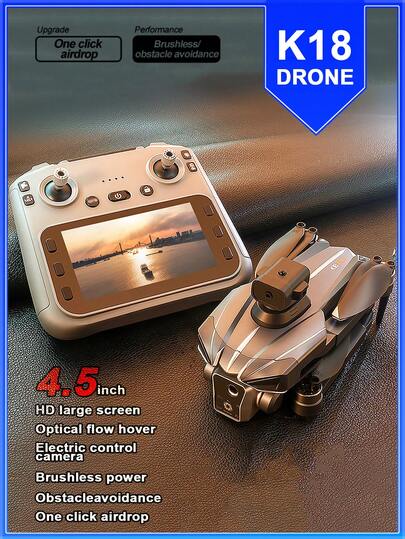 CASRRA Brand New K18MAX Silver-Gray Remote Control Drone With Camera, Supports WiFi And 2.4GHz Dual-Band | 4.5" 5G Real-Time Display Remote Controller | Dual Cameras (Photo/Video) Optical Flow Hovering | Smart Obstacle Avoidance | Brushless Motor, One-Key Landing - Beginner-Friendly, Indoor/Outdoor/Party Entertainment & Racing Multirotor. Includes: Storage Bag, Memory Card + Reader, Spare Propellers. Ideal Birthday, Christmas, Halloween Gift, Digital Camera.