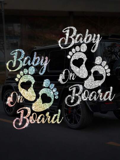1pc Baby On Board Reflective Footprint Car Sticker, Vinyl Safety Warning Decal For Automotive Window And Bumper, Car Decoration