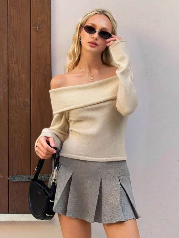 Amerikanisches sexy Design Off-Shoulder langärmeliger figurbetonter Crop Pullover für Frauen, Frühling/Herbst