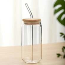 1/4 Glass With Bamboo Lid And Glass Straw, Easter Gift For Wife Or Mother - Cylindrical Drinking Cup Gift, 16 Oz Iced Coffee Cup, Cute Milkshake Cup, Boba Milk Tea Cup, Water Cup, Stylish Drinkware, Hand Wash Only, Reusable Straw Cup, Portable Drinkware, Office Drinkware - 透明 - 查看 1