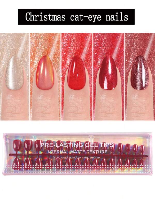 150pcs Short Almond Shaped Soft Gel Cat Eye Press-On Nails, Shiny Cat Eye Full Coverage Removable Nails, 15 Size Options, Suitable For Women's Christmas, Holiday Party Manicure