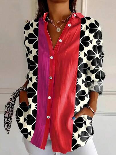 Elegant Colorful Patchwork Print Long Sleeve Women Blouse, Versatile Fashion Essential For Home, Casual And Office Wear, All Seasons