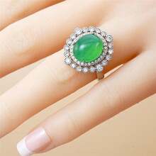 1pc Fashionable Imperial Green Jade Gemstone Ring, Cubic Zirconia Inlaid Adjustable Ring, Vintage Palace Style Women Jade Diamond Ring