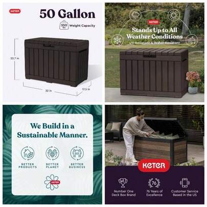 Kentwood - Caja de resina de 50 galones para organizar y almacenar cojines de patio, almohadas y herramientas de jardn, color caf