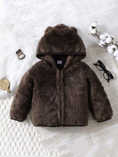 Girls' Cute 3D Ear Design Solid Color Hooded Fluffy Zip-Up Jacket, Winter