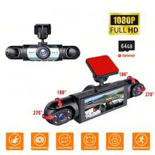 Cámara de salpicadero de 360° para automóviles, cámara frontal e interior izquierda y derecha, cámara de salpicadero para automóviles, DVR con triple cámara, pantalla IPS de 3.16", ángulo amplio, grabación en bucle, visión nocturna