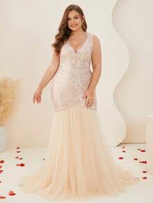Women Plus Size Elegant Sequin & Mesh Patchwork Mermaid Formal Prom Dresses, Suitable For Evening Party, Graduation, Stage Performance, Homecoming, Prom, Spring/Summer/Autumn/Winter