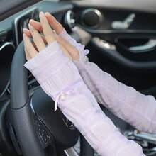 1pc Women's Ice Silk Sunscreen Sleeve With Bow, Long Ice Sleeves, Pearl Style Arm Sleeves For Summer Outdoor