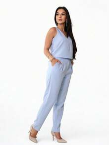 Tailored Set Elegant Set Set Of Wide Leg Pants And Blouse - 藍色 - 查看 3