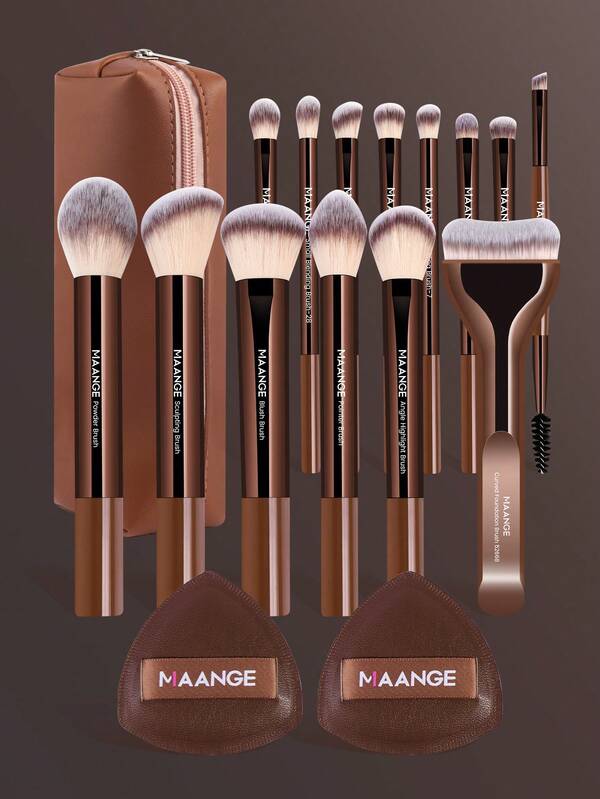 MAANGE 5pcs/17pcs/22pcs Makeup Tools Including 14pcs Makeup Brushes Set + 1pc Makeup Bag + 2pcs Air Puff Accessories Foundation Brush Blush Brush Loose Powder Brush Eyeshadow Brush Eyelash Brush Eyelash Brush Eyebrow Brush Lip Brush Halo Brush Concealer Brush Beauty Brush Kit Travel Makeup Brush Set Gift For Women & Girl